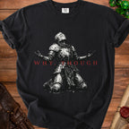 Black t-shirt with a knight in armor kneeling and text "WHY, THOUGH".
