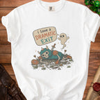 White t-shirt with a skeleton knight and ghost graphic saying "I love a dramatic exit".