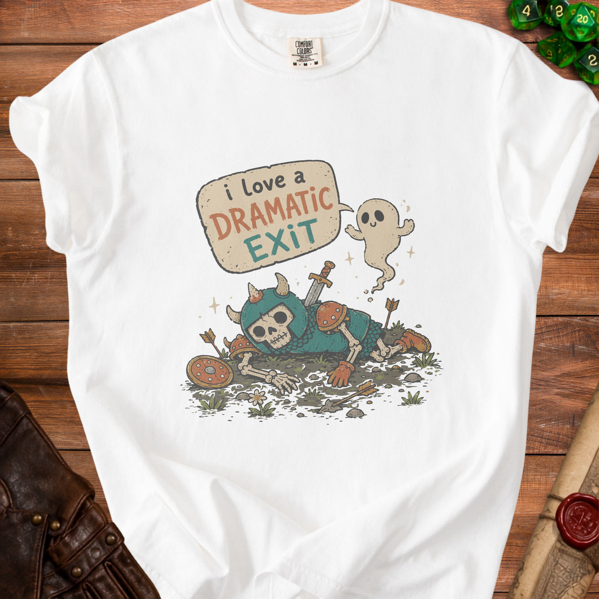 White t-shirt with a skeleton knight and ghost graphic saying "I love a dramatic exit".