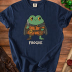 Frogue t-shirt featuring a cartoon frog rogue holding a knife and coin bag.