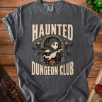 Dark gray t-shirt with "Haunted Dungeon Club" text and a ghost graphic.