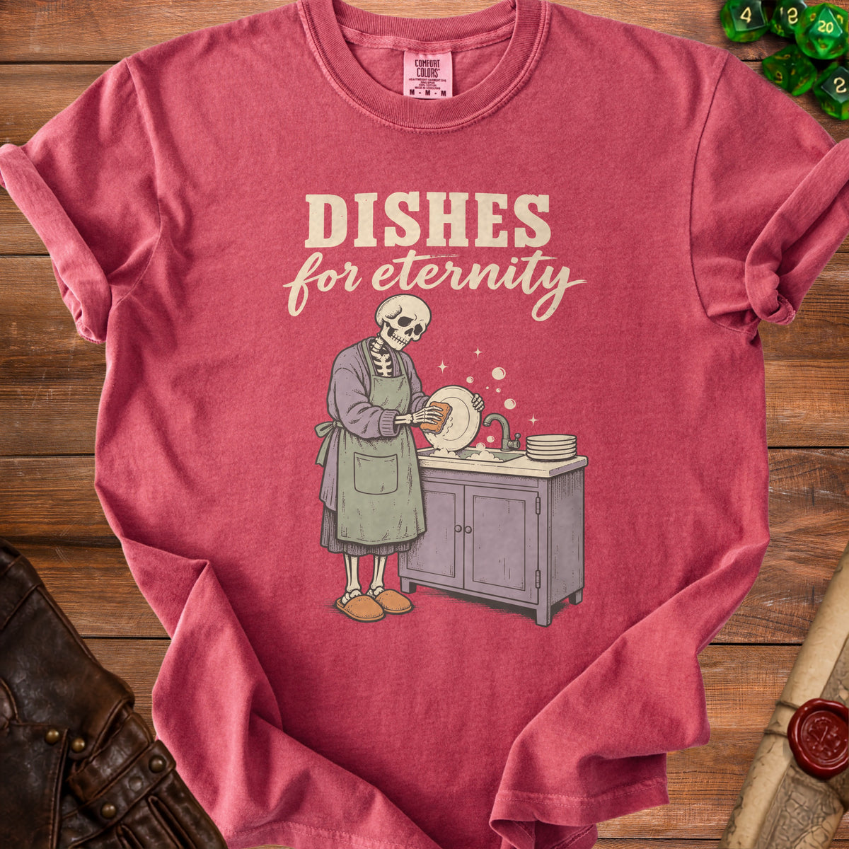 Skeleton washing dishes with text "DISHES for eternity" on shirt.