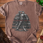 Brown t-shirt with a knight on stairs graphic and text "I CANNOT GO ON".