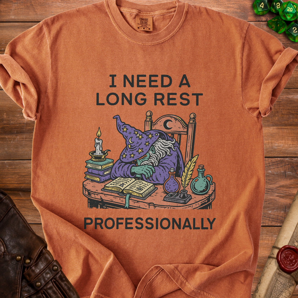 T-shirt with "I NEED A LONG REST PROFESSIONALLY" text and wizard graphic.