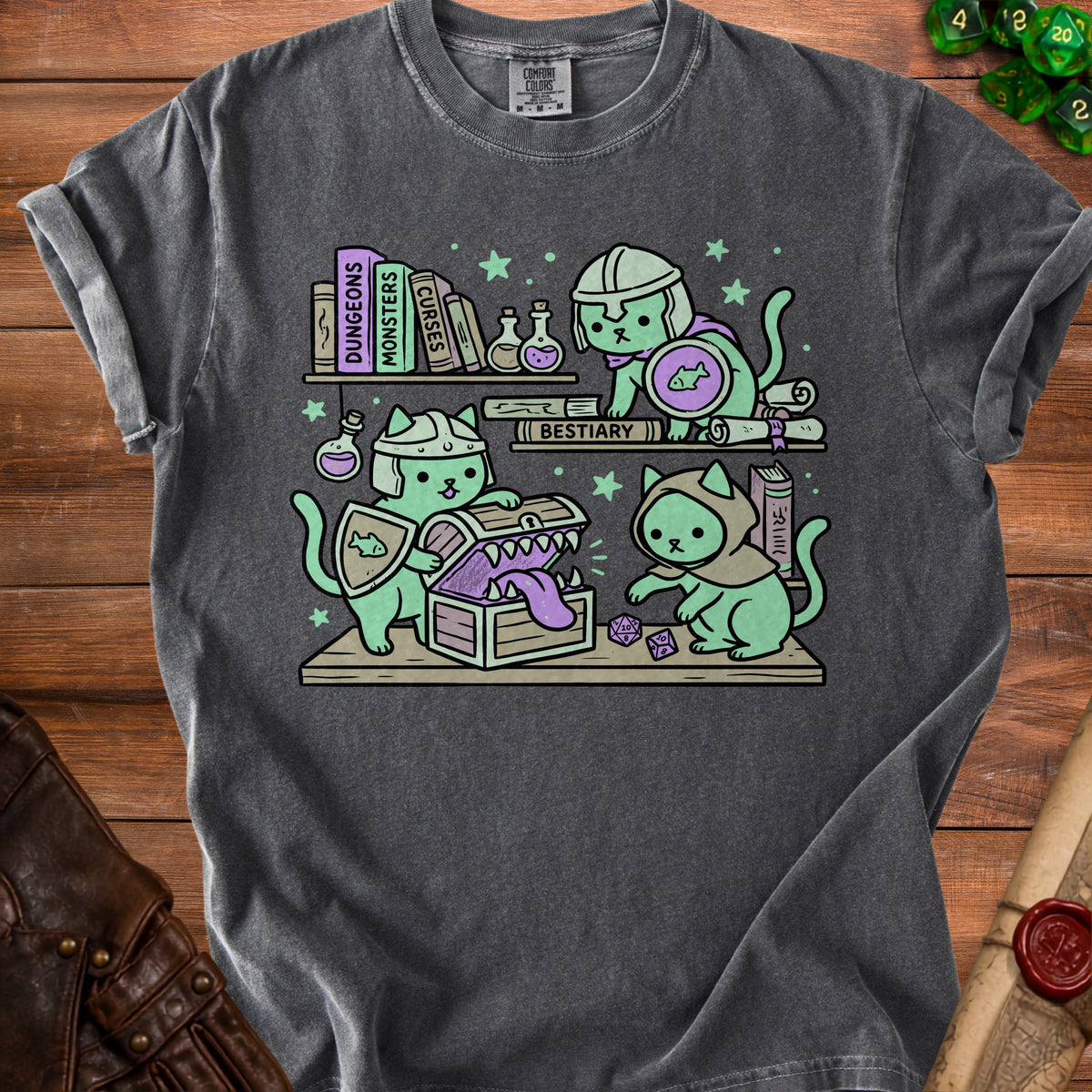 Three cats in armor explore a treasure chest filled with dice and books.