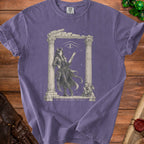 Purple t-shirt with fantasy art of a demoness and text "My Patron Expects Too Much".