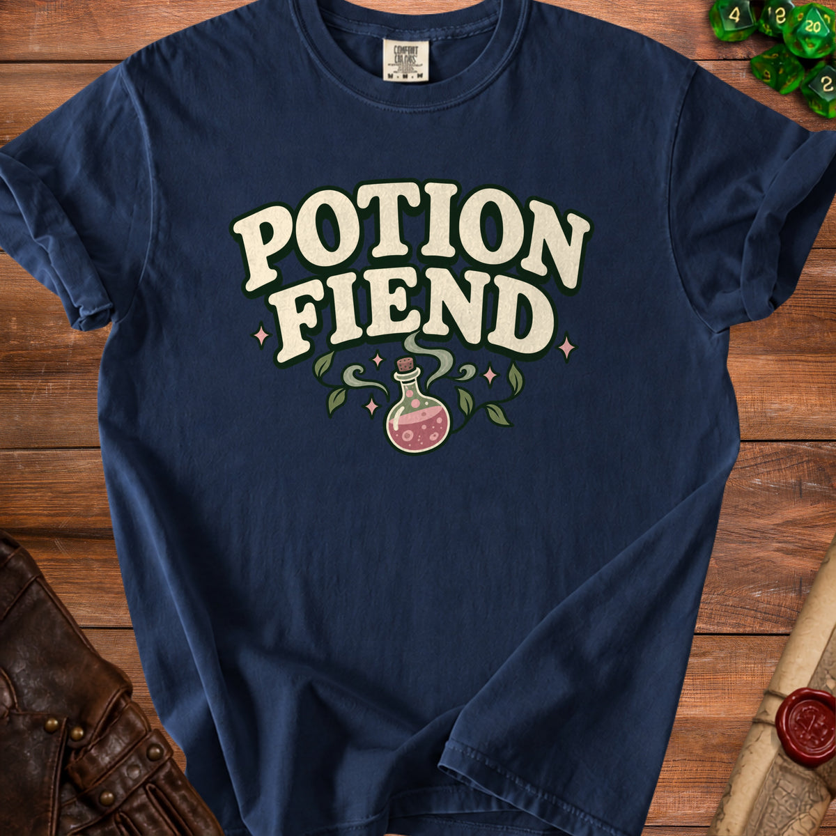 Navy t-shirt with "Potion Fiend" text and potion bottle graphic.