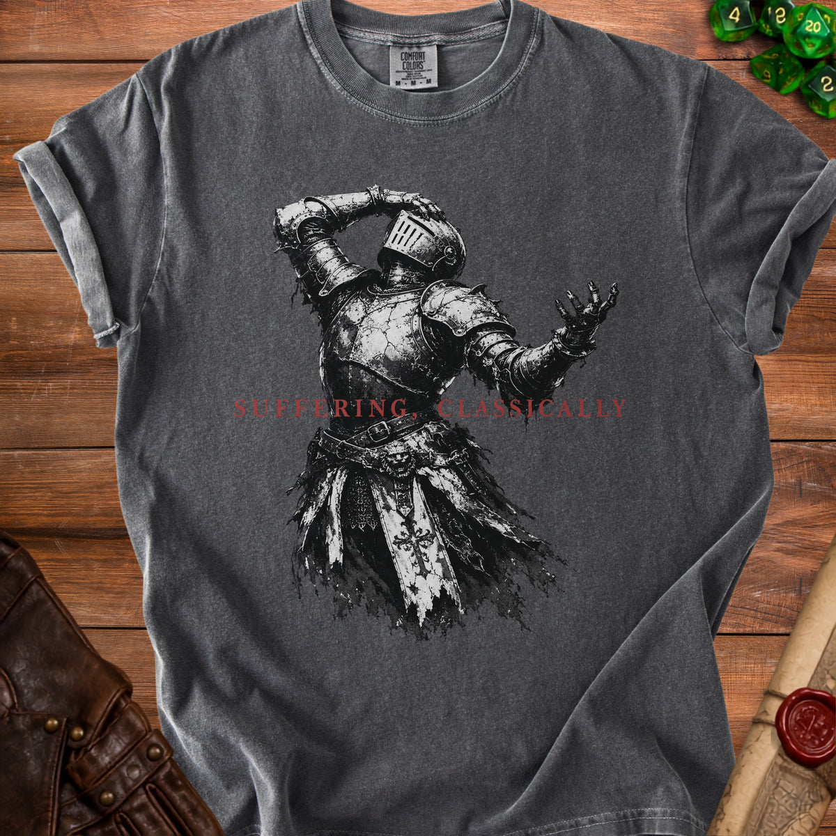 Dark grey t-shirt with distressed knight graphic and "SUFFERING CLASSICALLY" text.