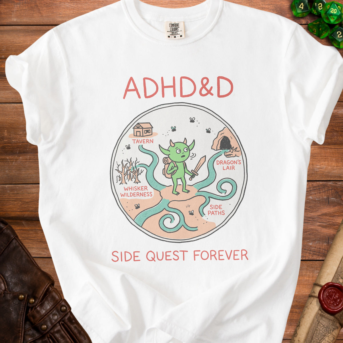 White t-shirt with "ADHD&D" and a circular graphic of a goblin with side quests.
