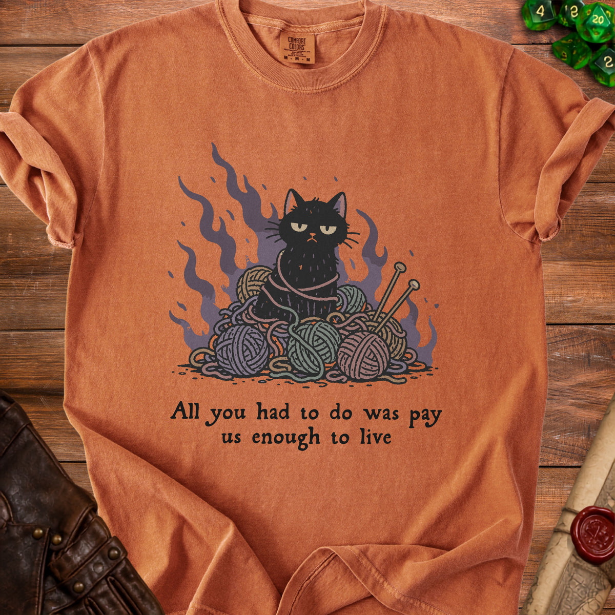 Black cat tangled in yarn and knitting needles with text "All you had to do was pay us enough to live".