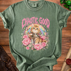 Cat in armor holding sword with rainbow, butterflies, and pink flowers, text "Chaotic Good".