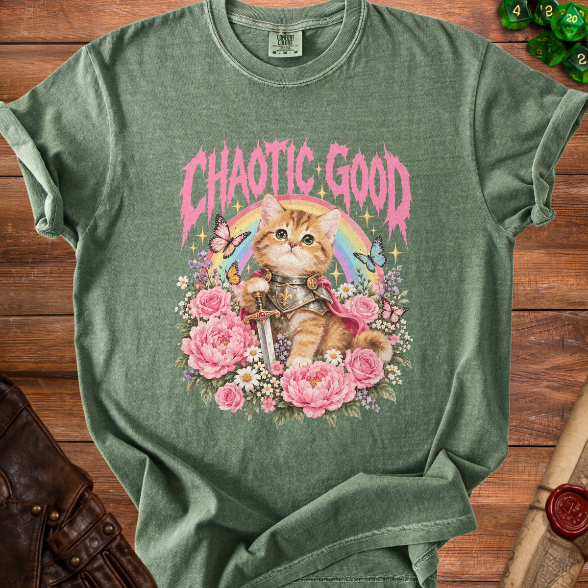Cat in armor holding sword with rainbow, butterflies, and pink flowers, text "Chaotic Good".
