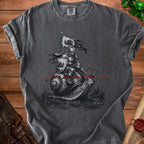 Black t-shirt with knight riding a snail and text "GETTING THERE EVENTUALLY."