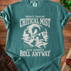 Teal t-shirt with "today's forecast CRITICAL MIST zero visibility ROLL ANYWAY" text and dragon art.