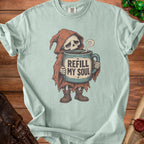 T-shirt graphic of a sad grim reaper holding a coffee mug that says "Refill My Soul".