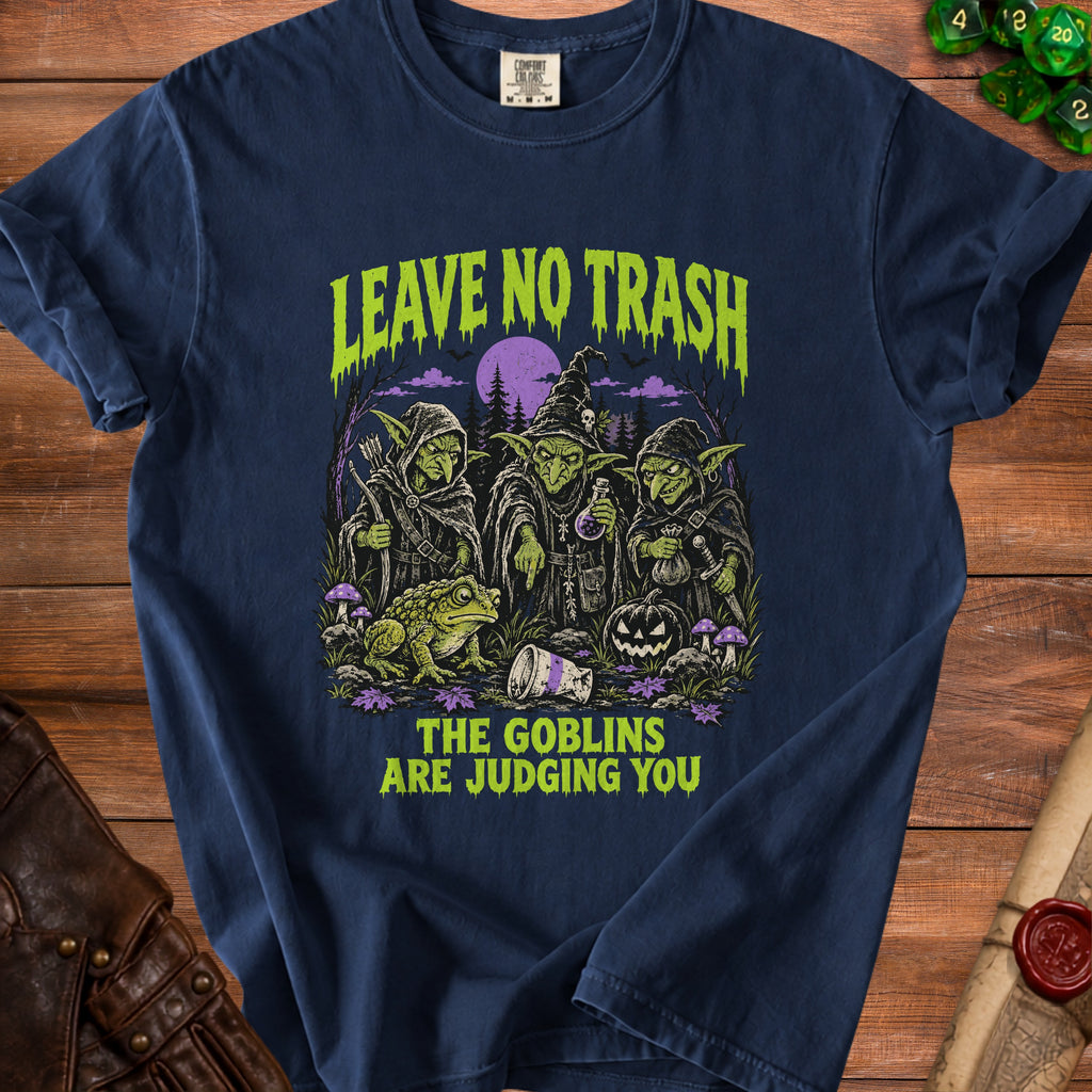 Navy t-shirt with goblins, frog, and text "Leave No Trash The Goblins Are Judging You".