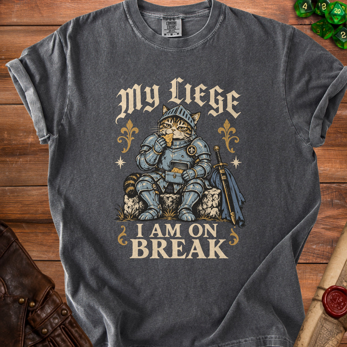 Gray t-shirt with knight cat graphic eating cheese, text "My Liege I Am On Break".