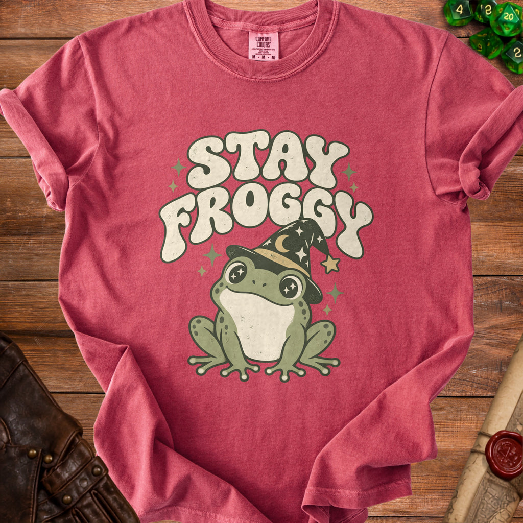Red t-shirt with "Stay Froggy" text and a cartoon frog wearing a witch hat.