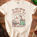 Cream t-shirt with graphic: "I'll see you in hell. Please save me a seat."