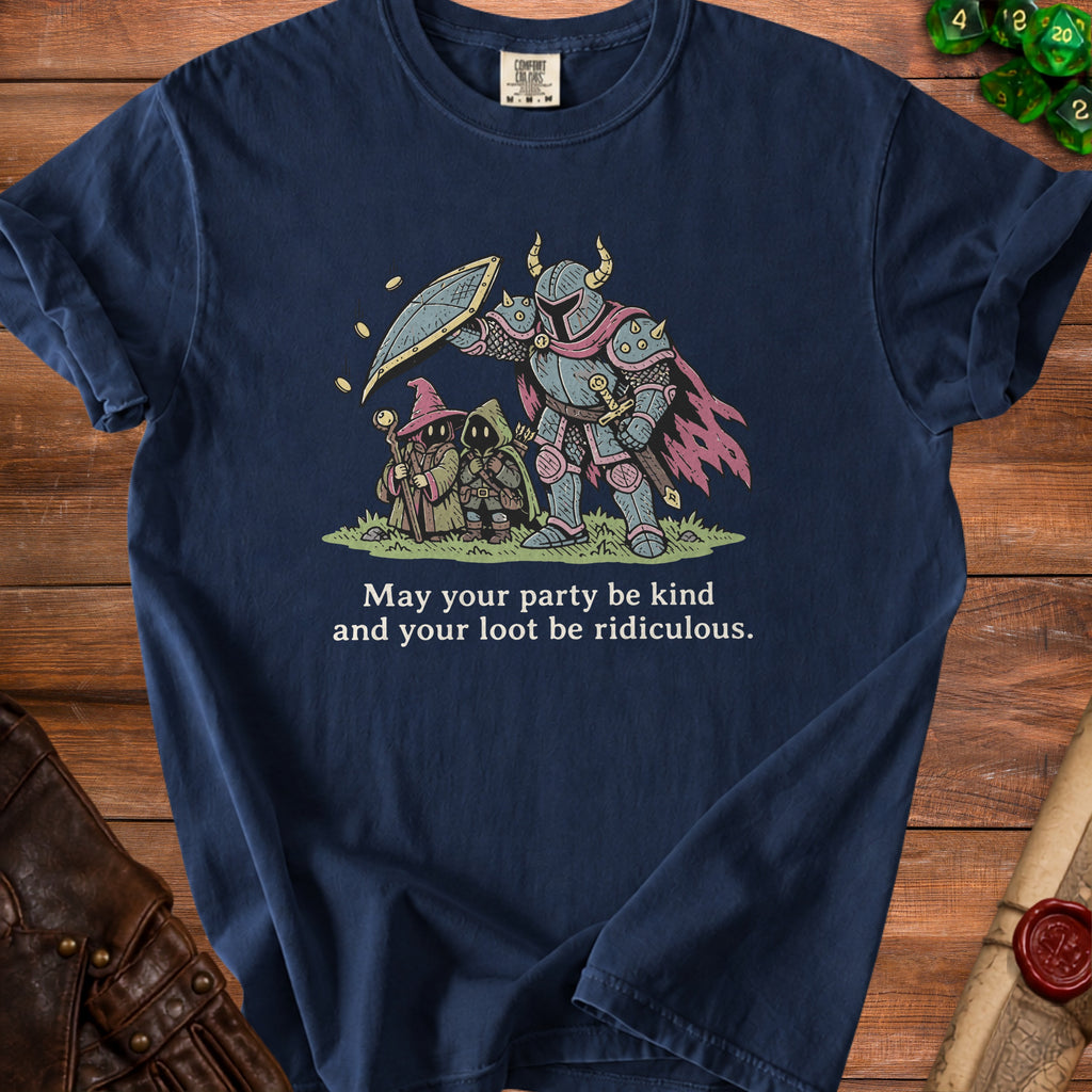 Navy blue t-shirt featuring a fantasy illustration of a knight, wizard, and rogue with the text May your party be kind and your loot be ridiculous.