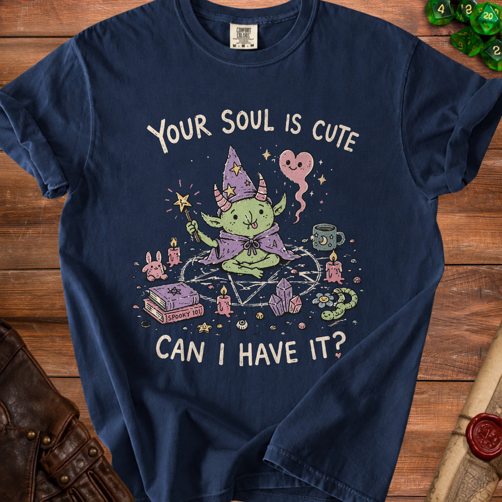 Navy t-shirt with "Your Soul Is Cute Can I Have It?" and a cute green creature.