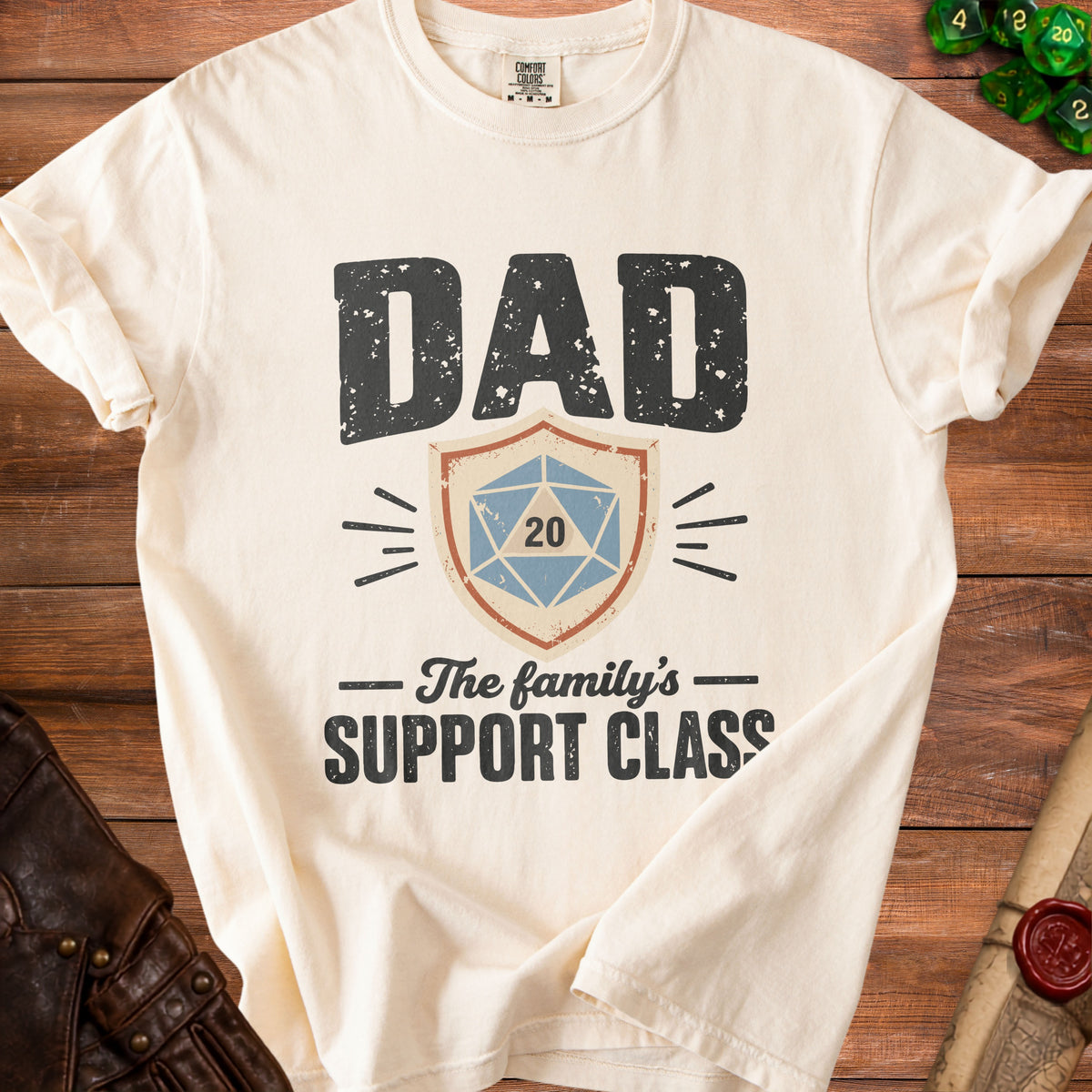 Cream t-shirt with "DAD" and "The family's SUPPORT CLASS" text.