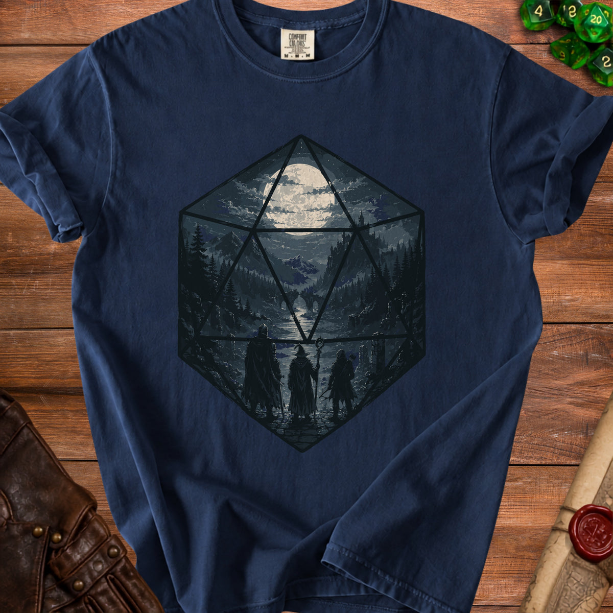 Dark blue t-shirt with a D20 die design featuring adventurers and a fantasy landscape.