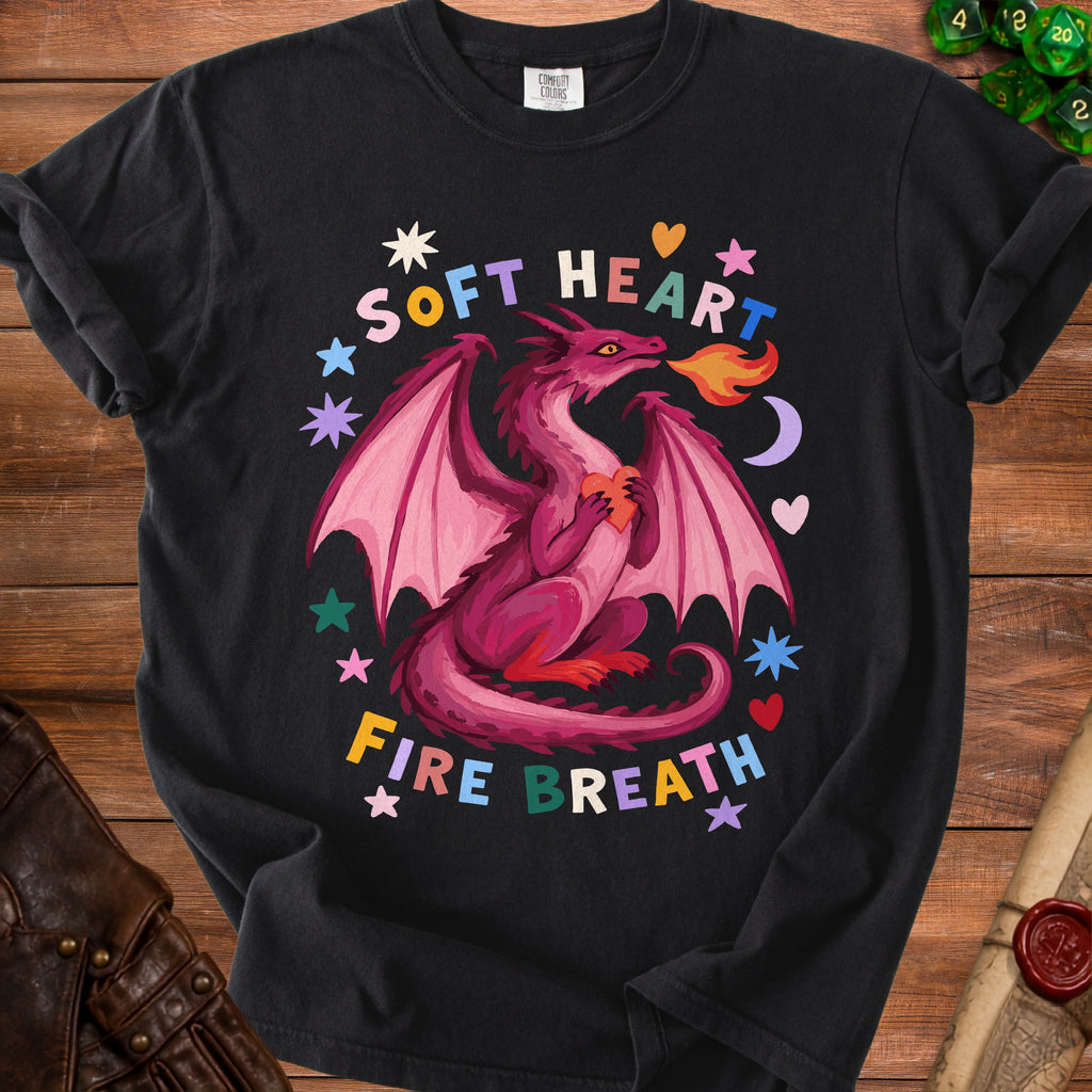 Black t-shirt with pink dragon holding heart and text "SOFT HEART FIRE BREATH".