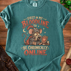 T-shirt with a knight mouse and the text "First in my bloodline to be chronically online."