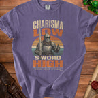 T-shirt with graphic "Charisma Low, Sword High, Social Skills Optional".