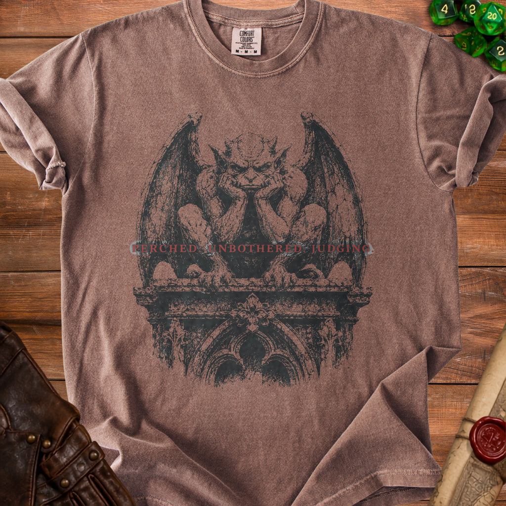 Brown t-shirt with a gargoyle graphic and text "CERCHED INBOTHERED JUDGING".