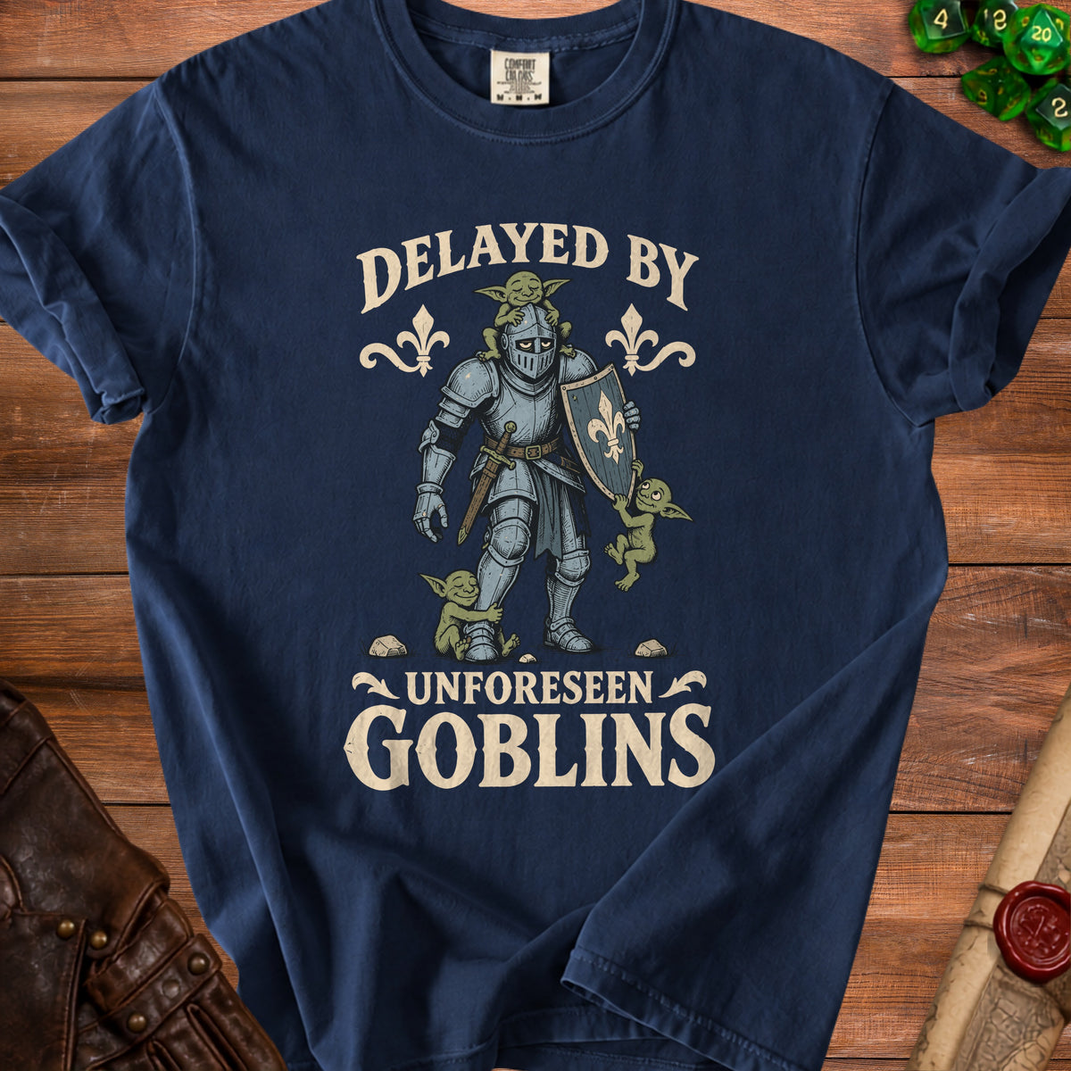 Knight in armor surrounded by goblins with text "Delayed by Unforeseen Goblins."