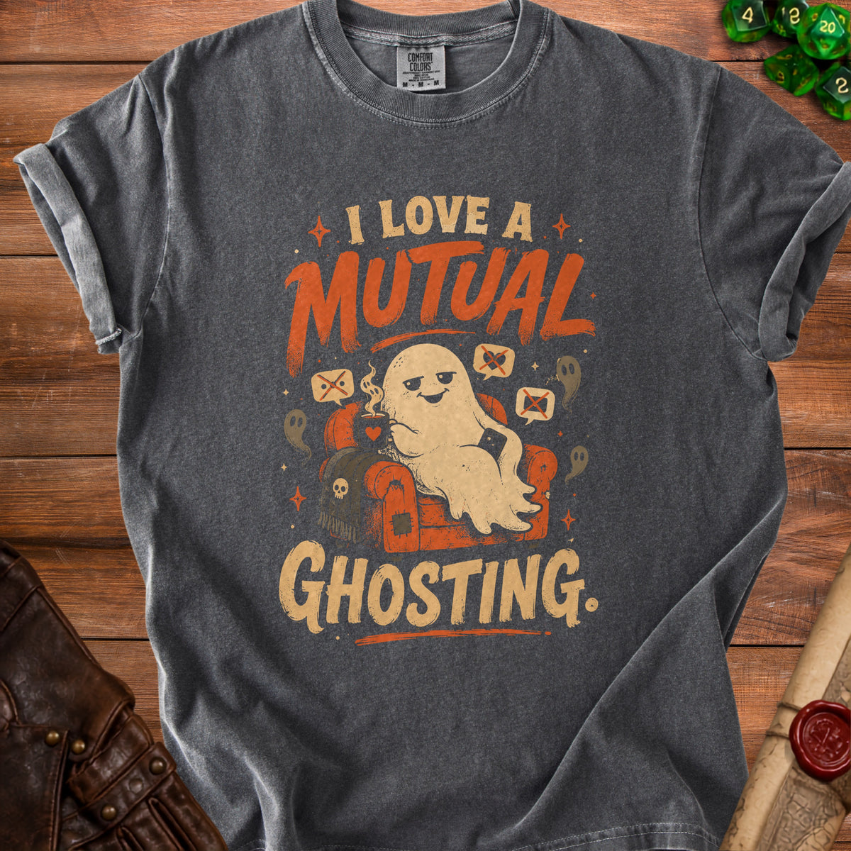 Graphic tee with ghost saying "I Love a Mutual Ghosting" with chat bubbles.