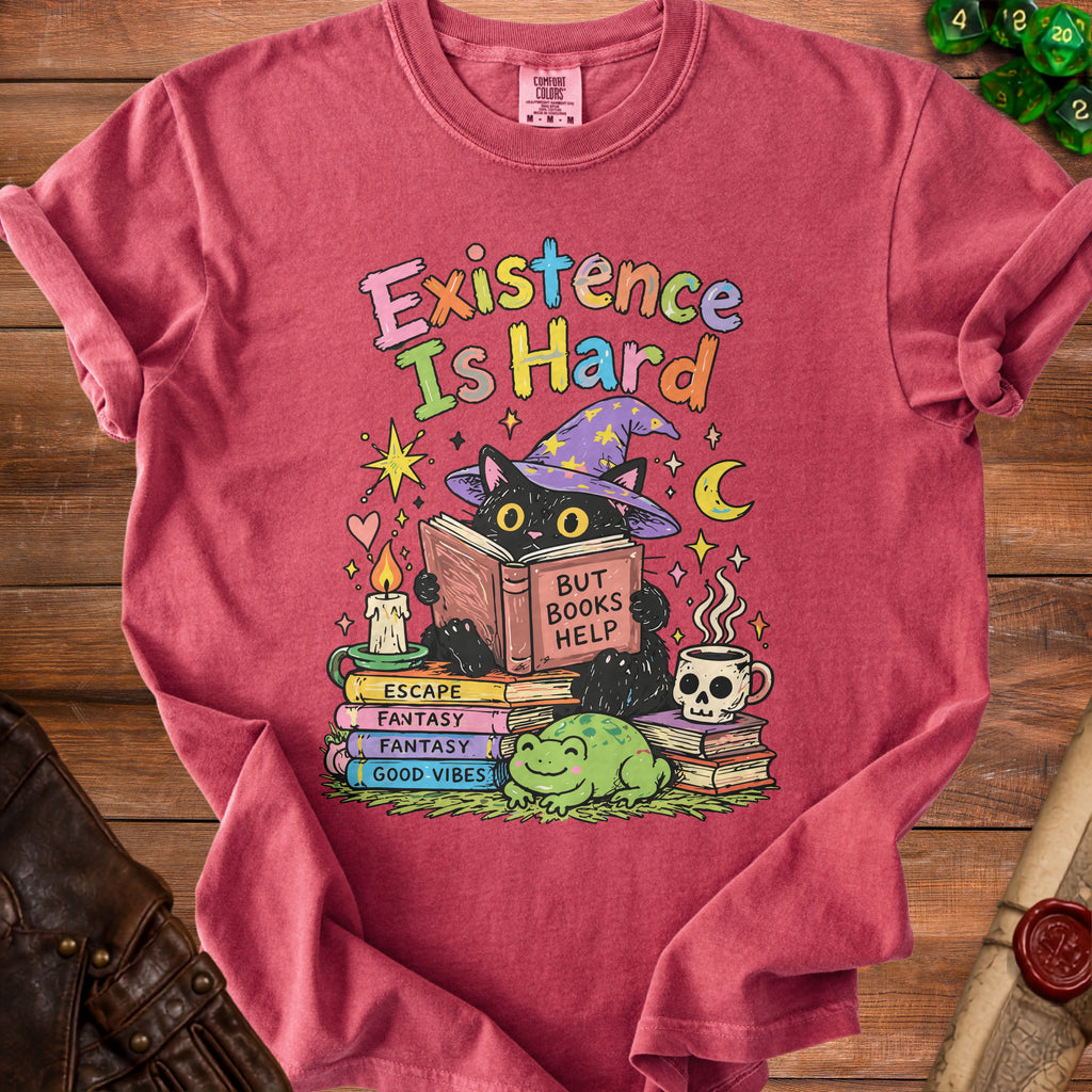 Black cat wearing wizard hat reads "But Books Help" on shirt.
