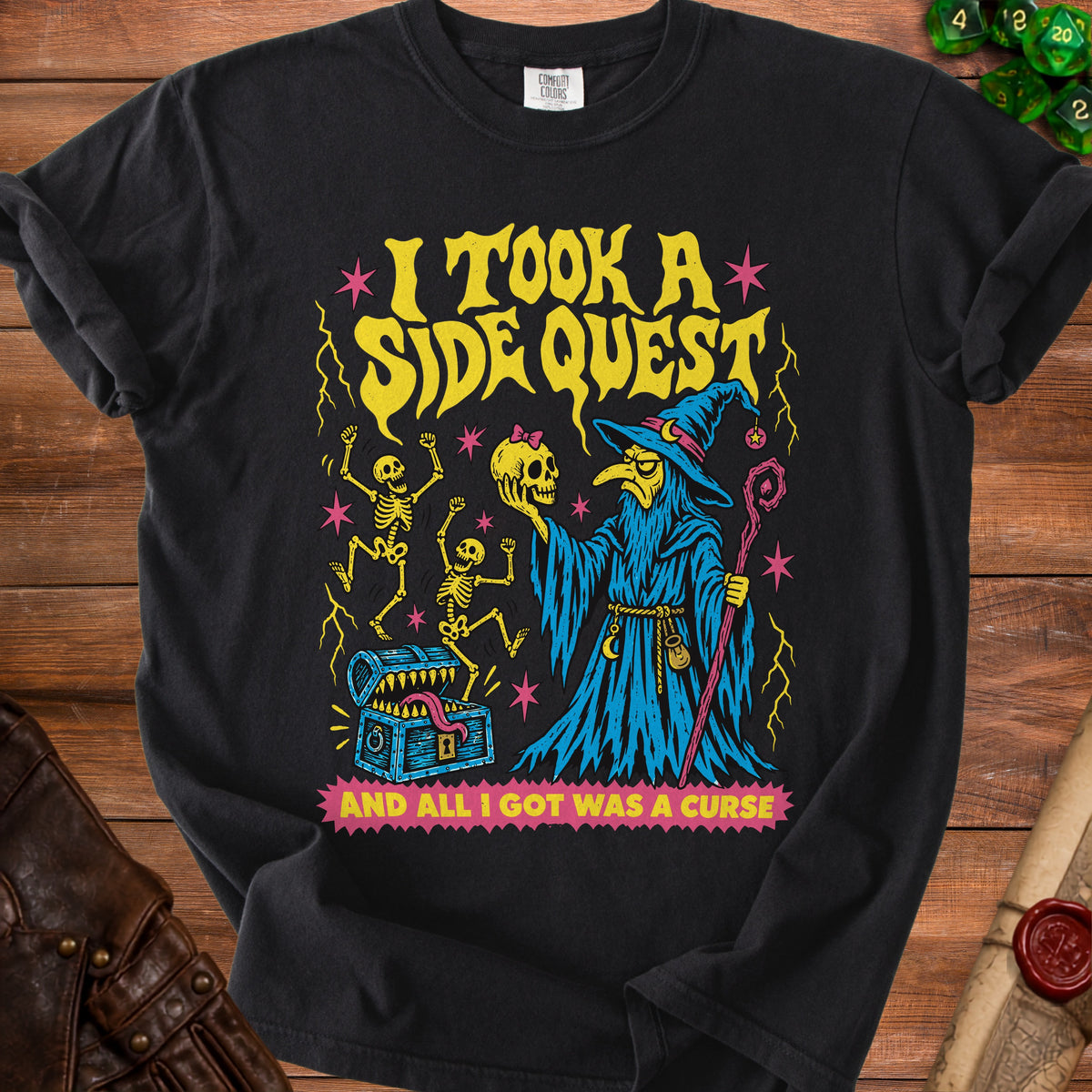 Black t-shirt with yellow text reading "I TOOK A SIDE QUEST" and "AND ALL I GOT WAS A CURSE."