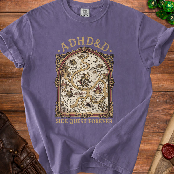 ADHD&D Quest Tangent Thoughts T-Shirt in Grape