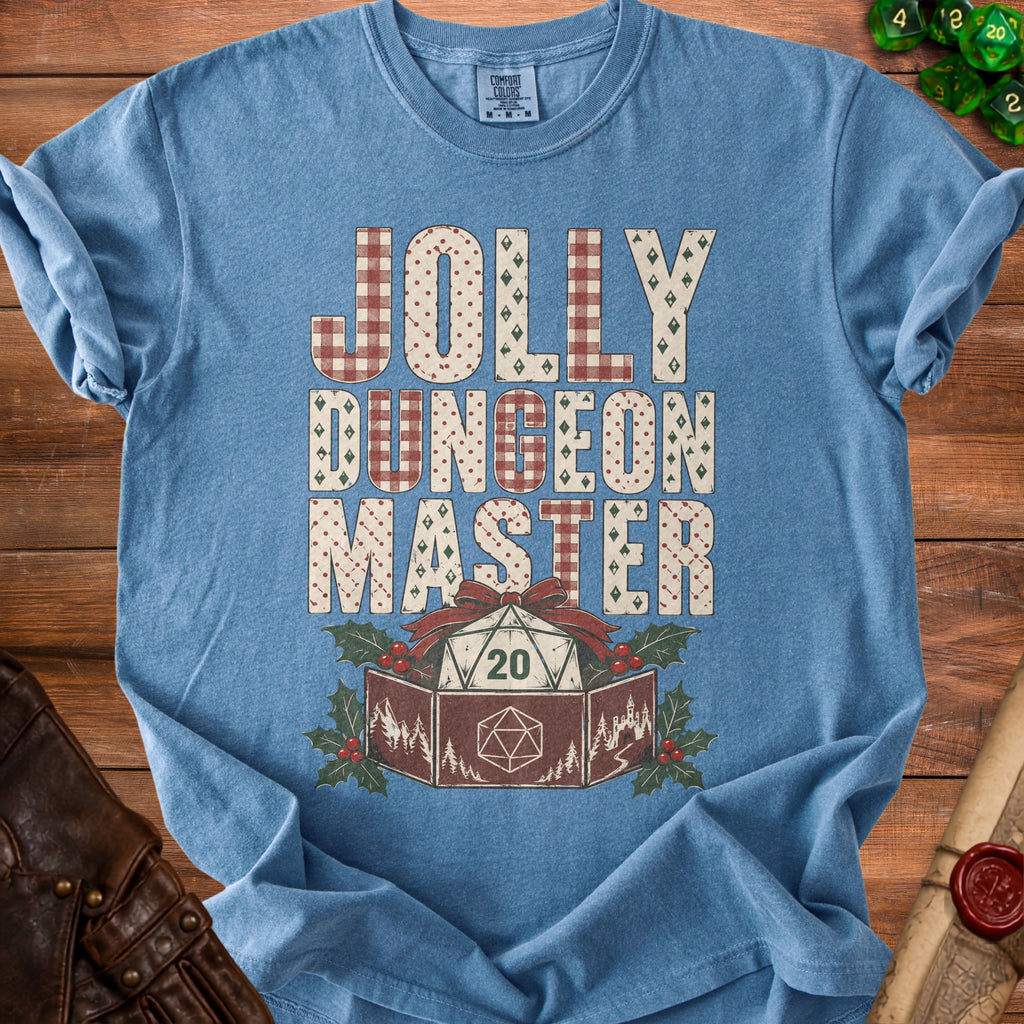 Blue t-shirt with "Jolly Dungeon Master" text and dice graphics.