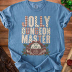 Blue t-shirt with "Jolly Dungeon Master" text and dice graphics.