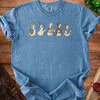 Blue t-shirt with a graphic of five fantasy-themed ducks walking in a line.