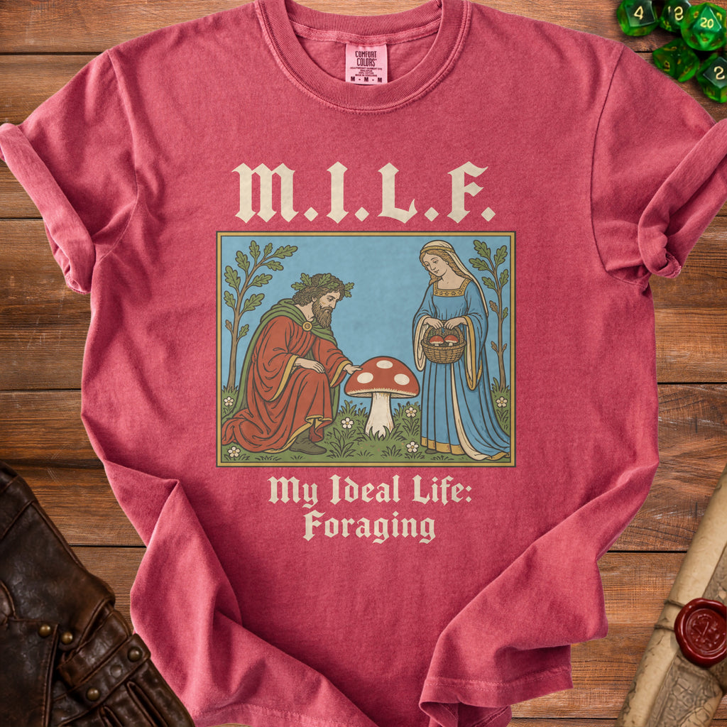 Crimson t-shirt with "M.I.L.F." and "My Ideal Life: Foraging" text and a medieval-style illustration.