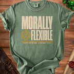 Green t-shirt with "Morally Flexible" and dice graphic.