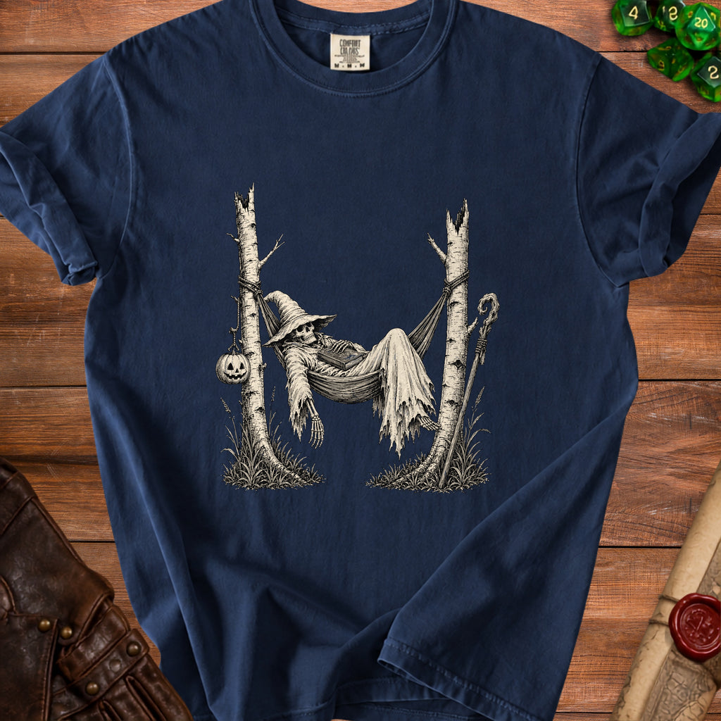 Skeleton in wizard hat relaxes in hammock between two trees, with pumpkin and staff.
