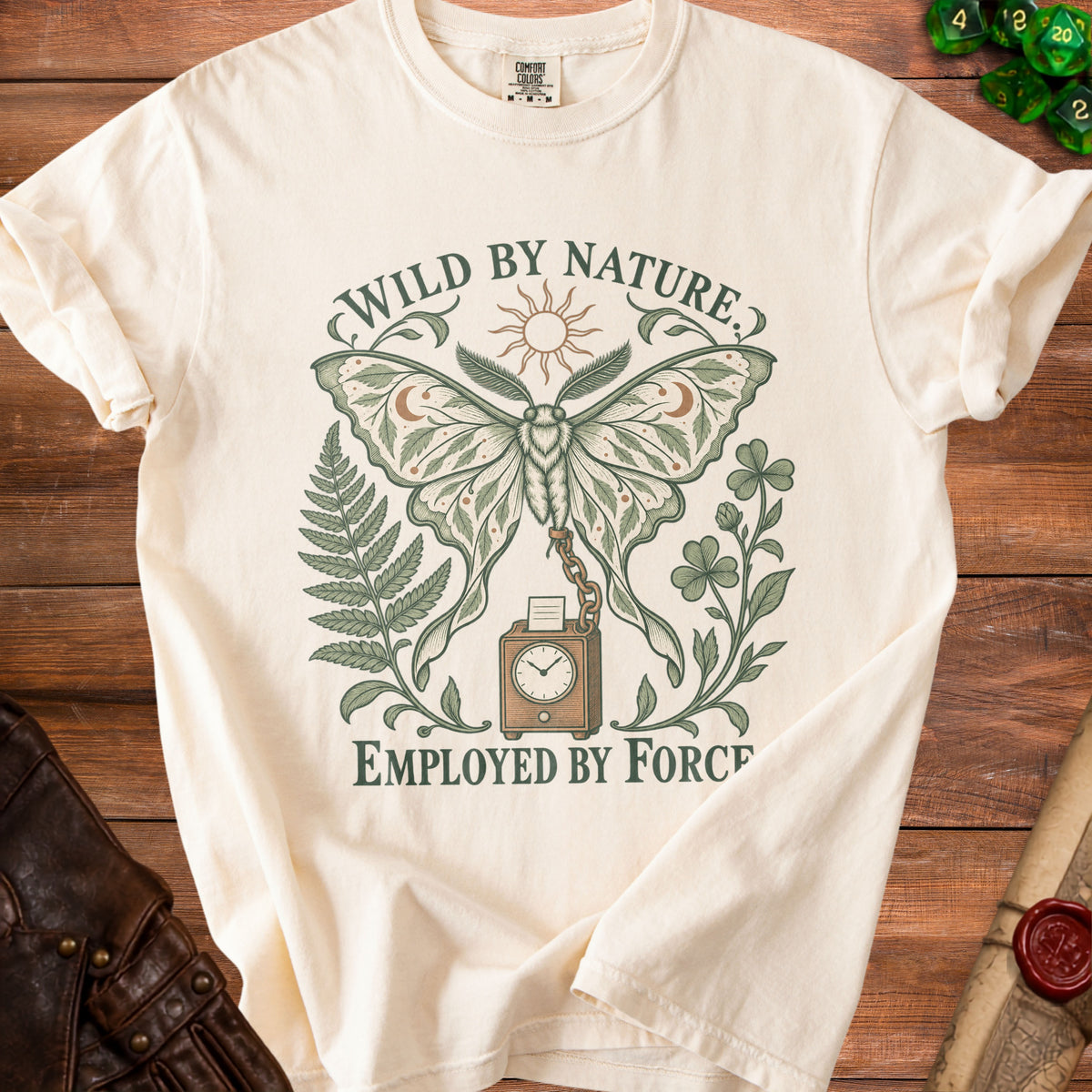 Cream t-shirt with "WILD BY NATURE EMPLOYED BY FORCE" text and moth design.