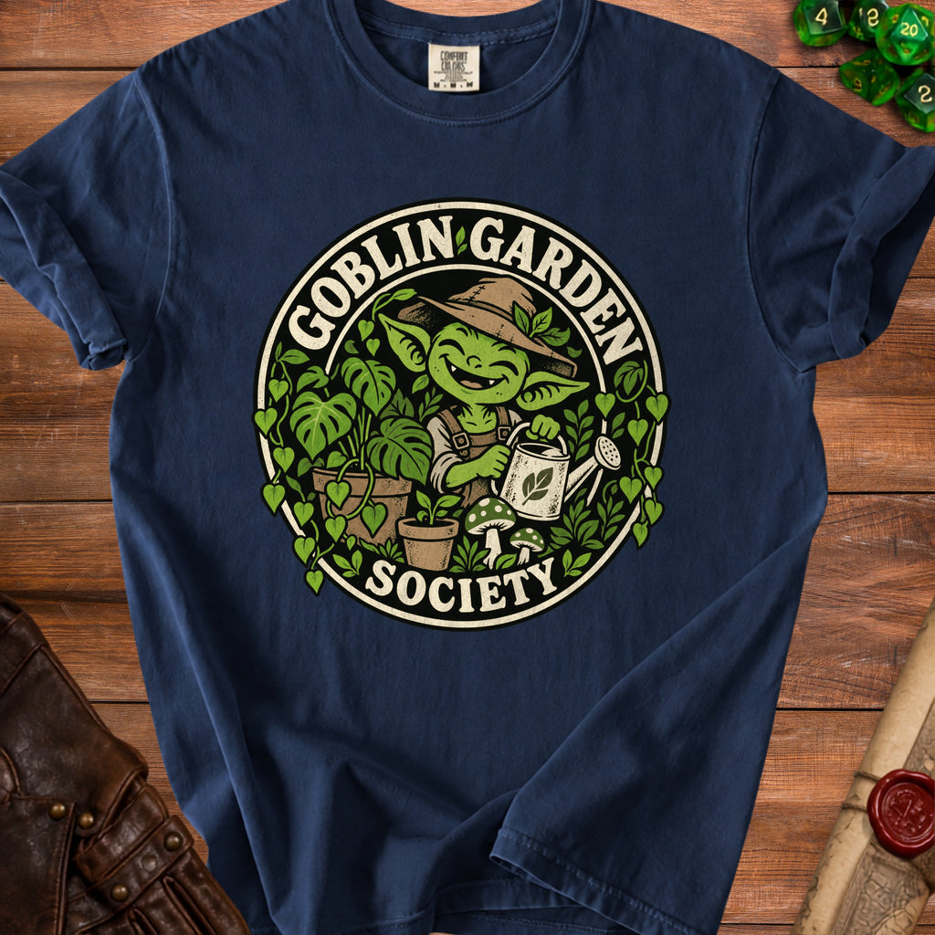 Dark blue t-shirt with "Goblin Garden Society" text and a cartoon goblin watering plants.