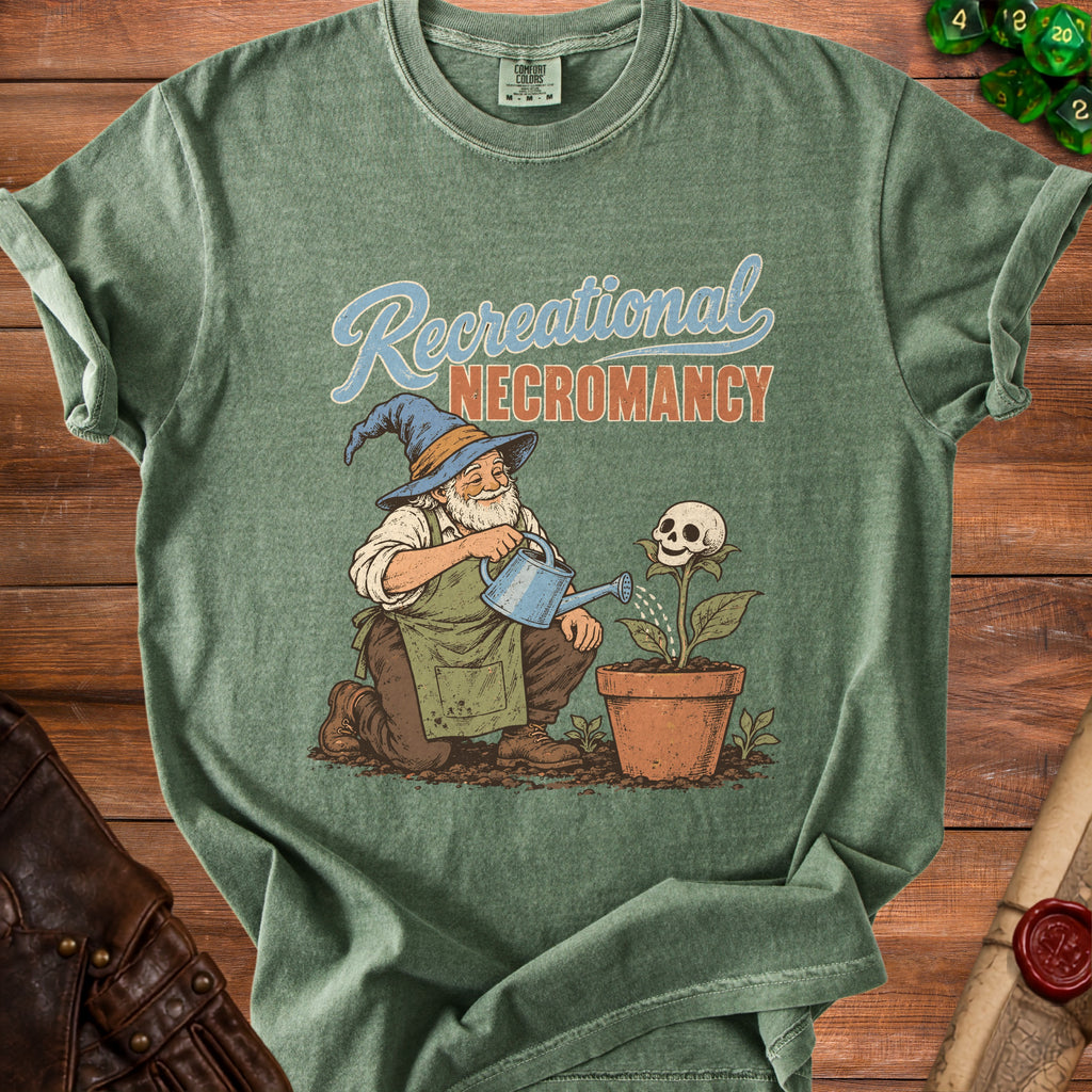 Wizard watering a skull plant with text "Recreational Necromancy".