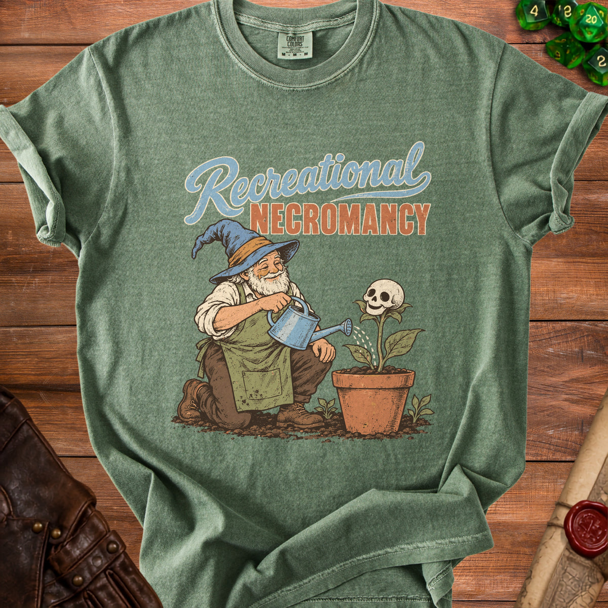 Wizard watering a skull plant with text "Recreational Necromancy".