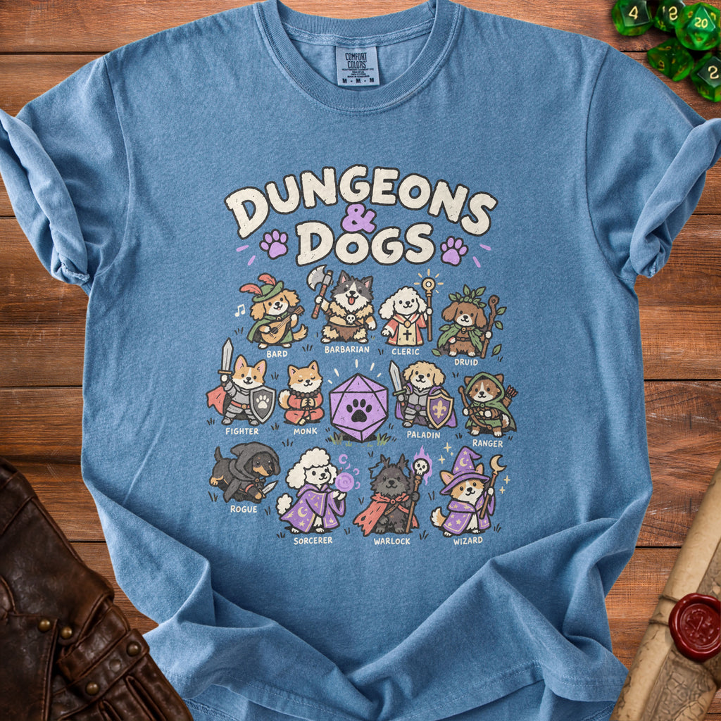 Blue t-shirt with "Dungeons & Dogs" text and dogs dressed as fantasy characters.