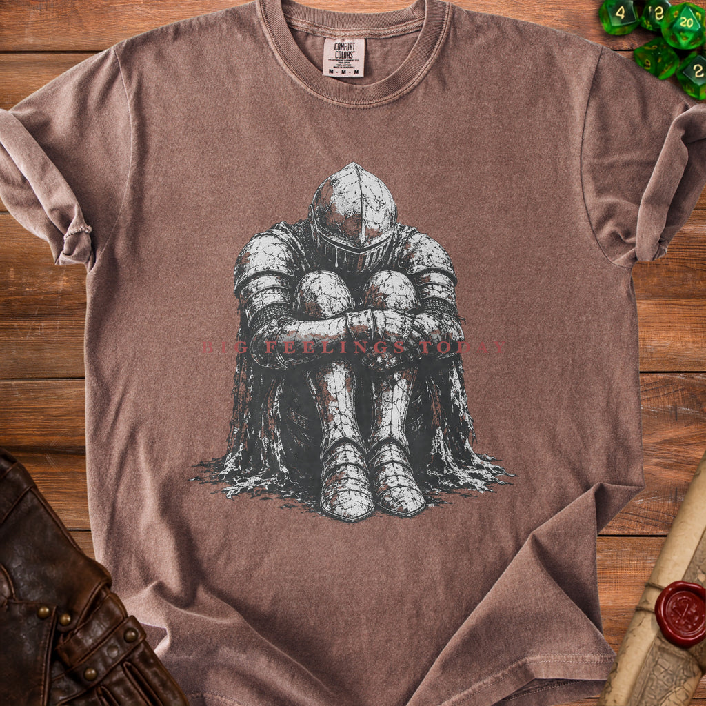 Brown t-shirt with graphic of armored knight and text "BIG FEELINGS TOD".