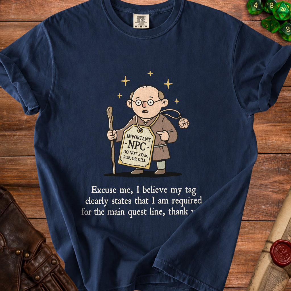 Dark blue t-shirt with cartoon NPC character tag "DO NOT STAB, ROB, OR KILL".