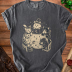 Charcoal gray t-shirt featuring a vintage-style graphic of five cats playing a tabletop role-playing game.